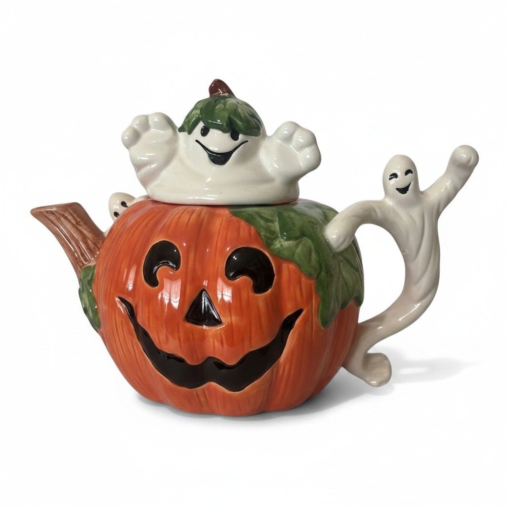 Unbranded Halloween Pumpkin Ghost Teapot OS Orange Ceramic Jack-O-Lantern Spooky